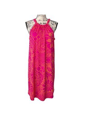 Trina Turk Women Size M Dress Juju Halter Mini Shift Floral Pink Orange Tie-Neck
